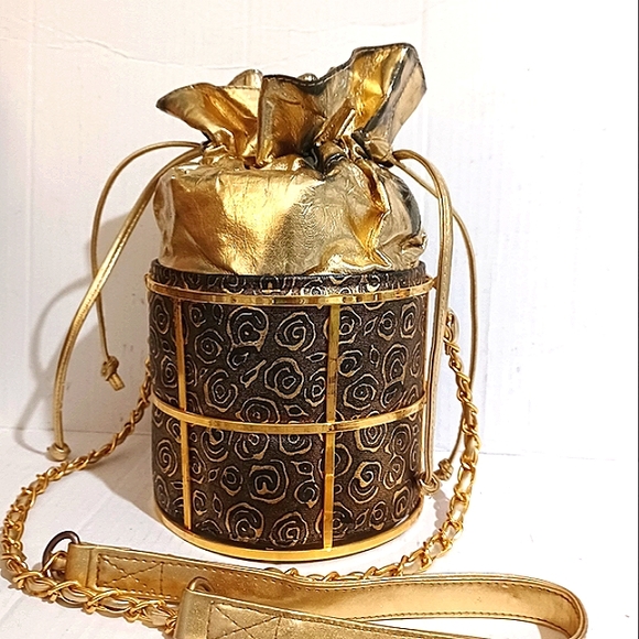 VINTAGE Metallic Drawstring Metal Frame Caged Bucket Shoulder Bag GUC - Picture 8 of 8